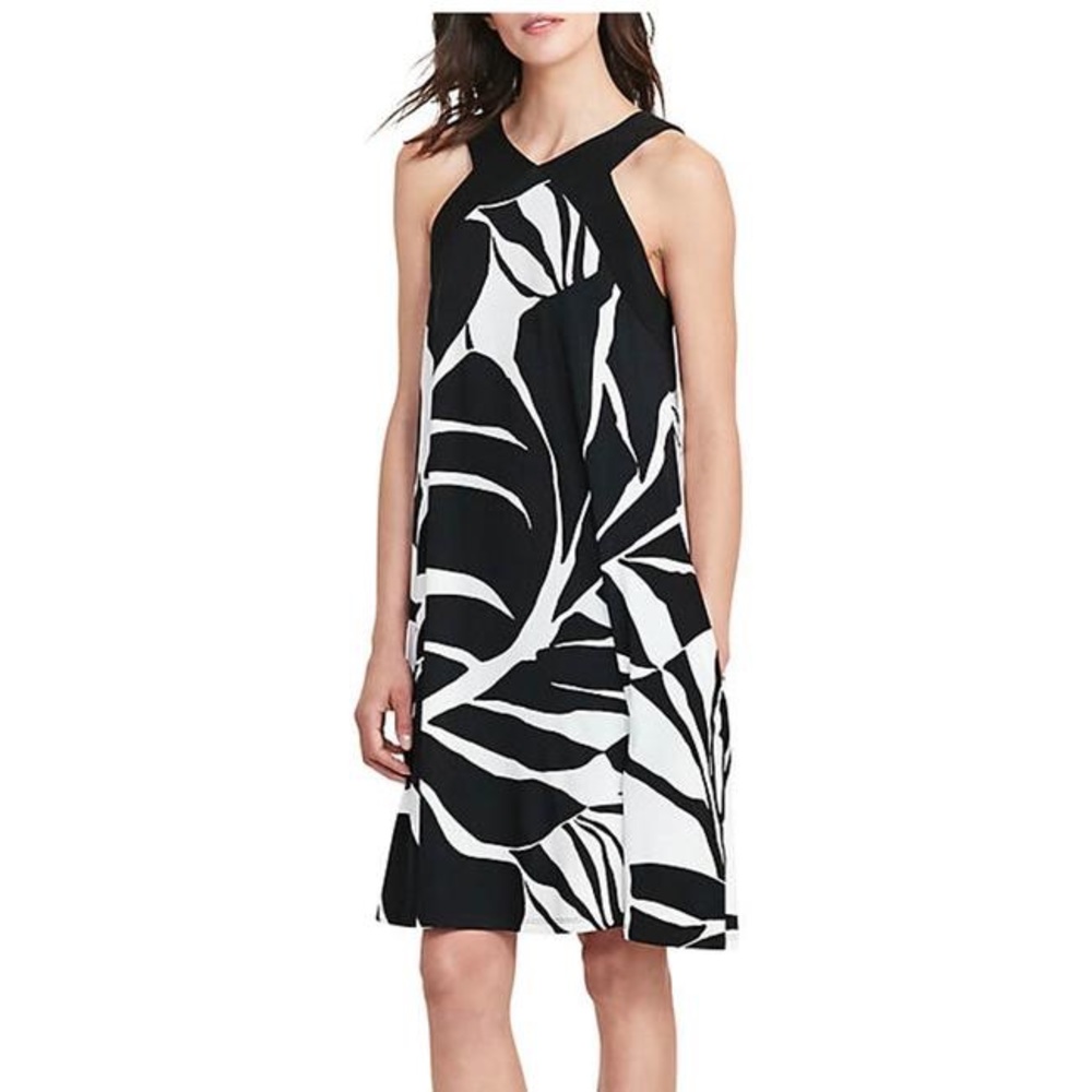 Black Cream white Jersey Tropical Print Stretch Cutout Trapeze size 2